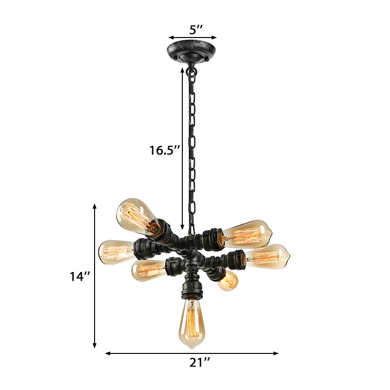 Vintage Style Iron Chandelier Lamp with Water Pipe - Dark Rust, 7 Heads Ceiling Light Fixture