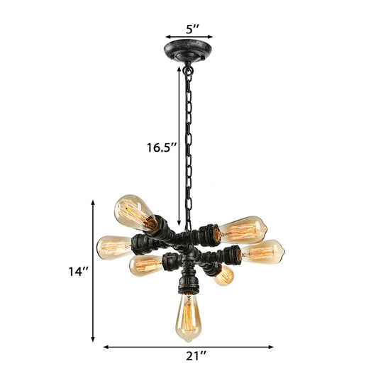 Vintage Style Iron Chandelier Lamp with Water Pipe - Dark Rust, 7 Heads Ceiling Light Fixture