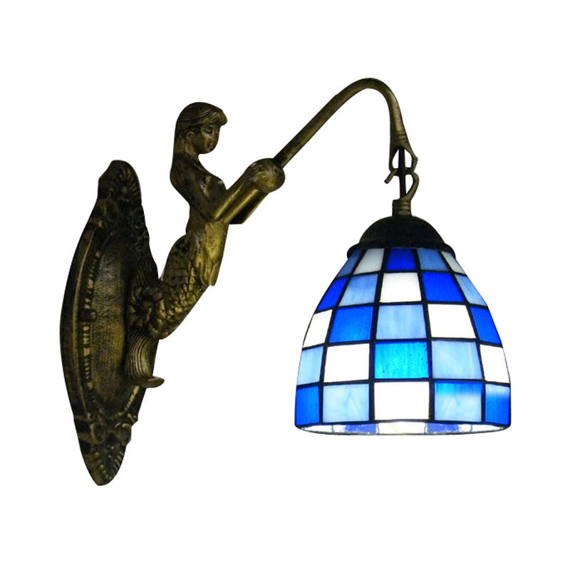 Tiffany Grid Patterned Blue/Green Glass Wall Sconce Light For Hallway