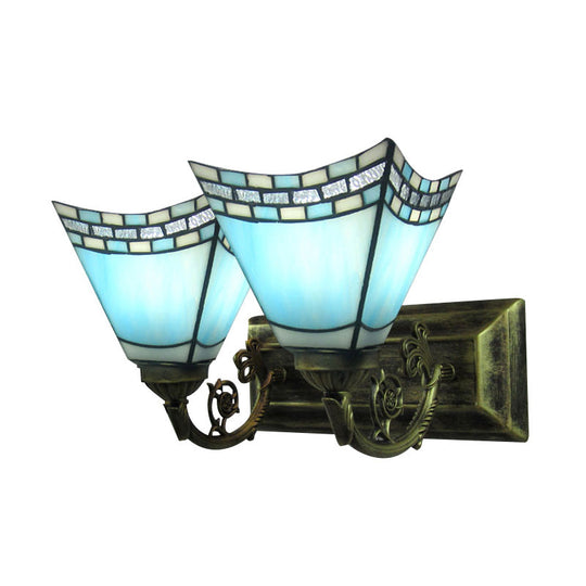 Nautical Stained Glass Vanity Light - 2 Lights Light/Dark Blue Bathroom Wall Lighting