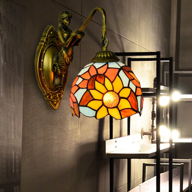 Orange Tiffany Glass Wall Sconce With Sunflower Pattern