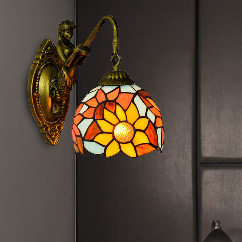 Orange Tiffany Glass Wall Sconce With Sunflower Pattern
