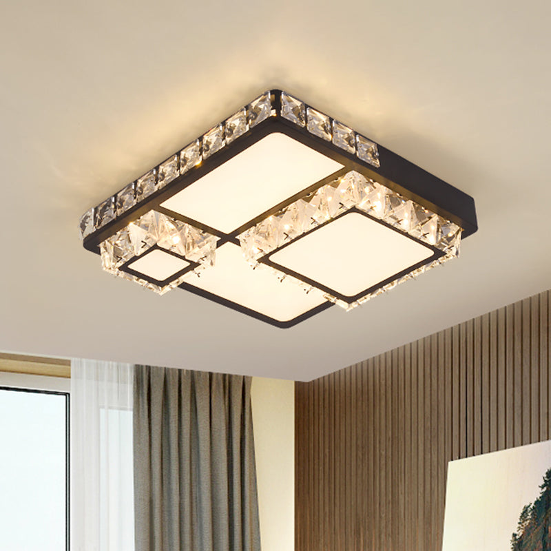 Led Crystal Block Ceiling Light In Black - Simple Flush Mount Design / Square Plate