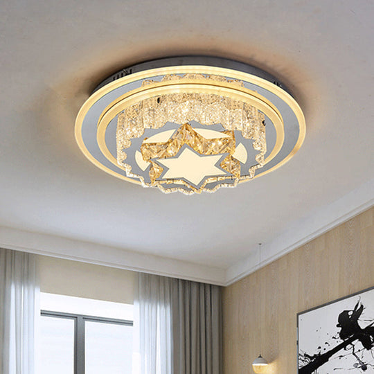 Modern Chrome Led Crystal Flush Mount Ceiling Fixture For Bedroom Featuring Hand-Cut Flower/Star