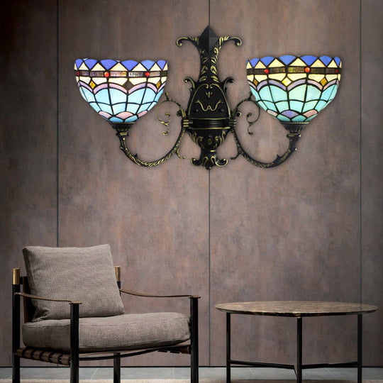 Mediterranean Blue Stained Glass Wall Sconce With Curved Arm - 2 Lights