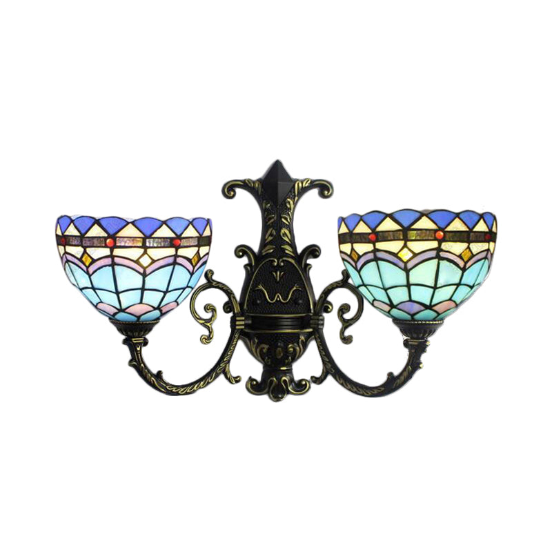 Mediterranean Blue Stained Glass Wall Sconce With Curved Arm - 2 Lights