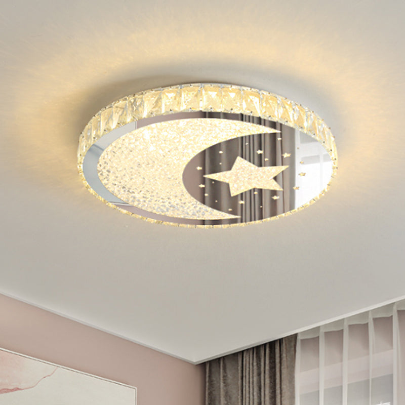 Contemporary Stainless-Steel Led Round Flushmount Ceiling Light With Crystal Cut Moon And Star