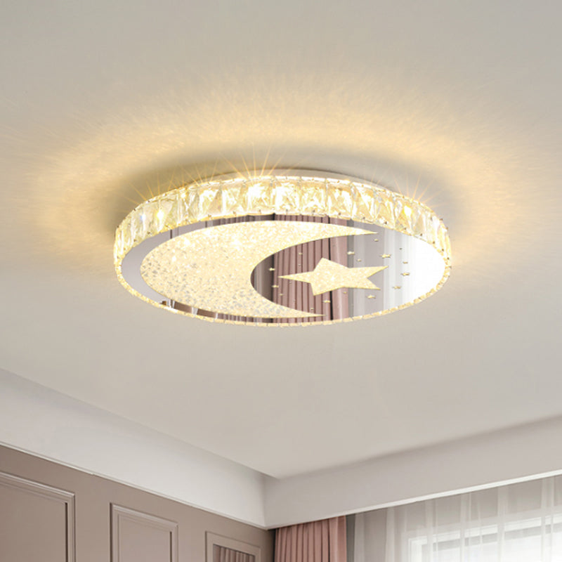 Contemporary Stainless-Steel Led Round Flushmount Ceiling Light With Crystal Cut Moon And Star