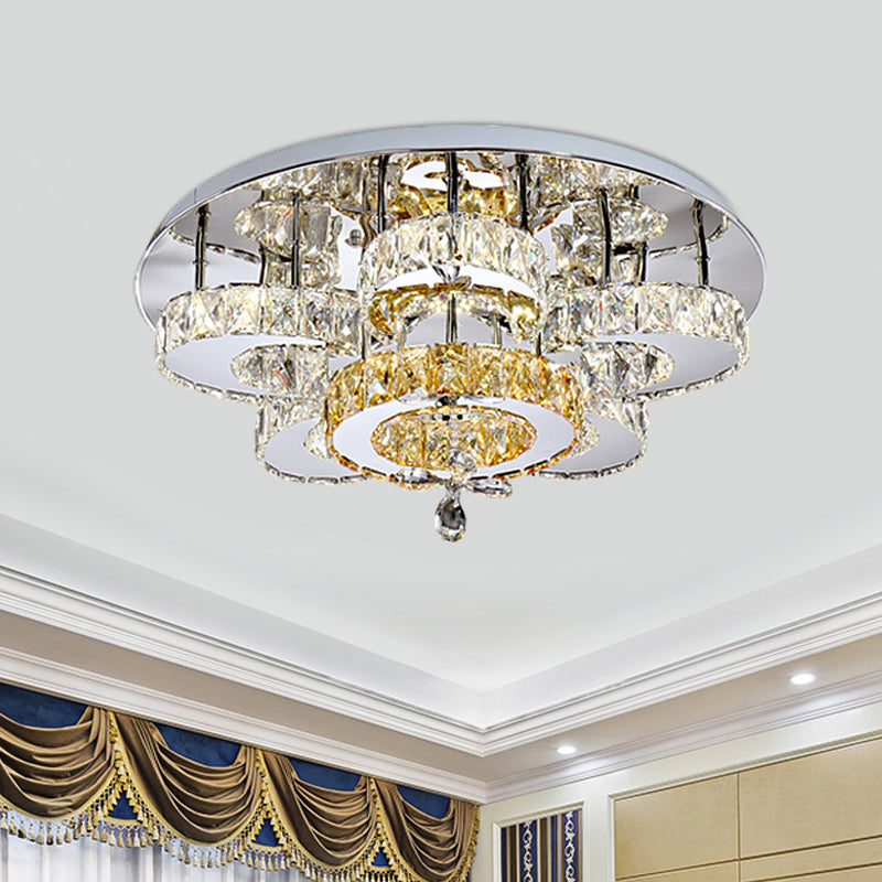 Minimalist Led Bedroom Semi Mount Ceiling Fixture With Floral Crystal Block Shade - Chrome Finish