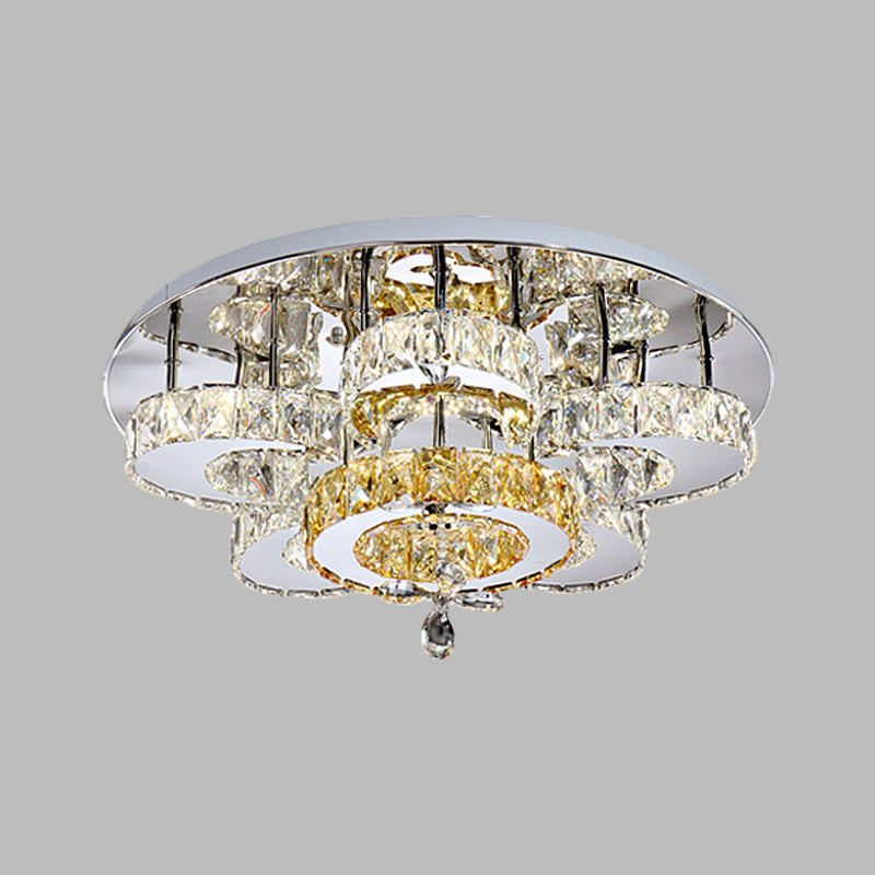Minimalist Led Bedroom Semi Mount Ceiling Fixture With Floral Crystal Block Shade - Chrome Finish
