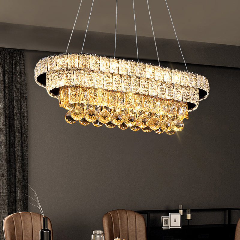 Sleek Chrome Led Restaurant Island Ceiling Light With Elegant Oval Crystal Shade