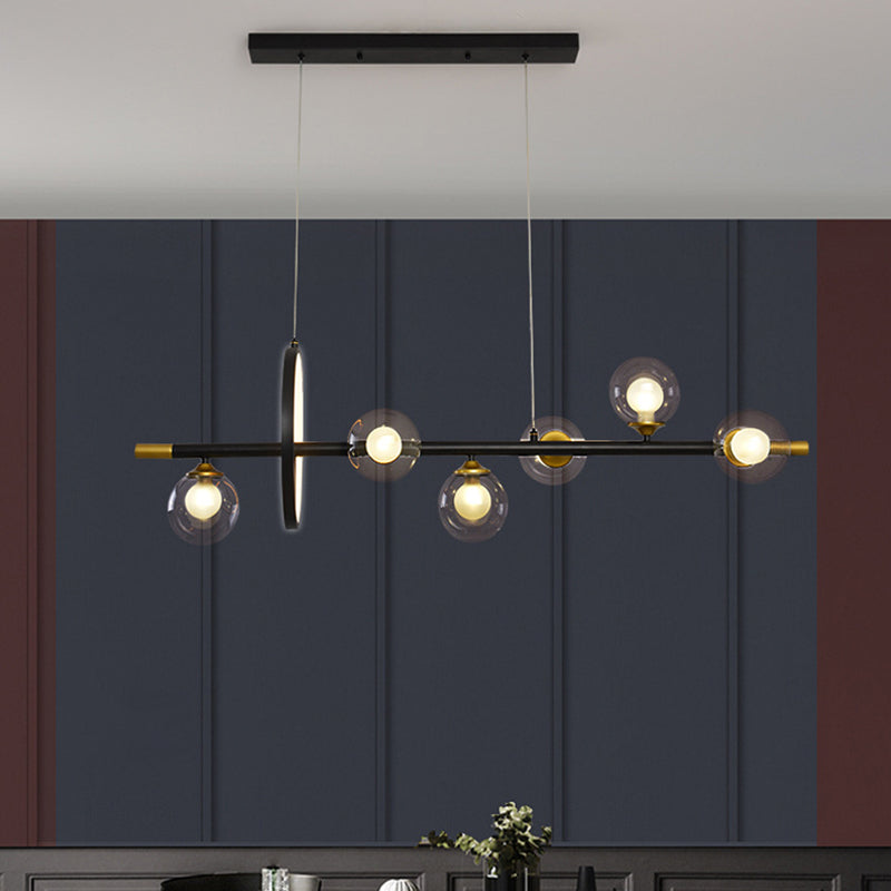 Clear Glass Molecular Island Chandelier - 4/6-Light Pendant In Black With Metal Ring Deco