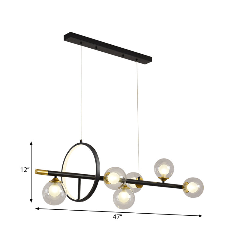 Clear Glass Molecular Island Chandelier - 4/6-Light Pendant In Black With Metal Ring Deco