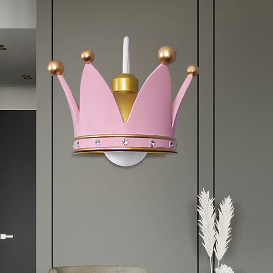 Kids Metal Wall Sconce: Crown Bedroom Light In Gold/Pink - 1-Bulb Mounted Pink