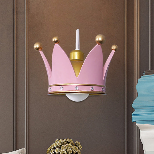 Kids Metal Wall Sconce: Crown Bedroom Light In Gold/Pink - 1-Bulb Mounted
