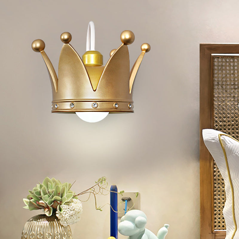 Kids Metal Wall Sconce: Crown Bedroom Light In Gold/Pink - 1-Bulb Mounted Gold