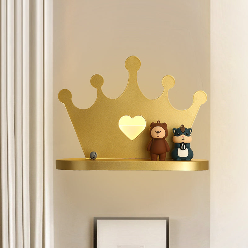Pink/Gold Crown Led Wall Sconce For Kids Bedside Lighting - Metal Mounted Light