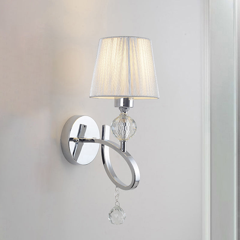 Conical Parlor Wall Lamp Fixture: 1-Light Classic Fabric Lighting With Crystal Drop In Chrome