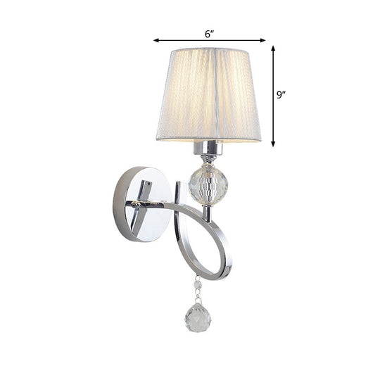 Conical Parlor Wall Lamp Fixture: 1-Light Classic Fabric Lighting With Crystal Drop In Chrome