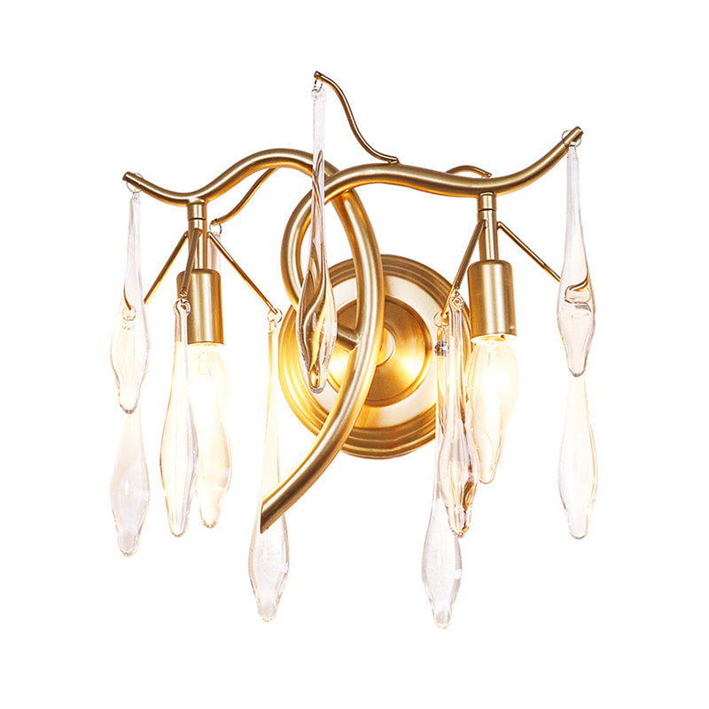 Gold Raindrop Wall Mount With Crystal Drop Shade - Retro 2-Head Lighting Solution