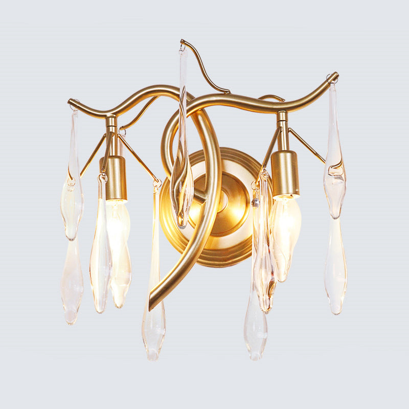 Gold Raindrop Wall Mount With Crystal Drop Shade - Retro 2-Head Lighting Solution