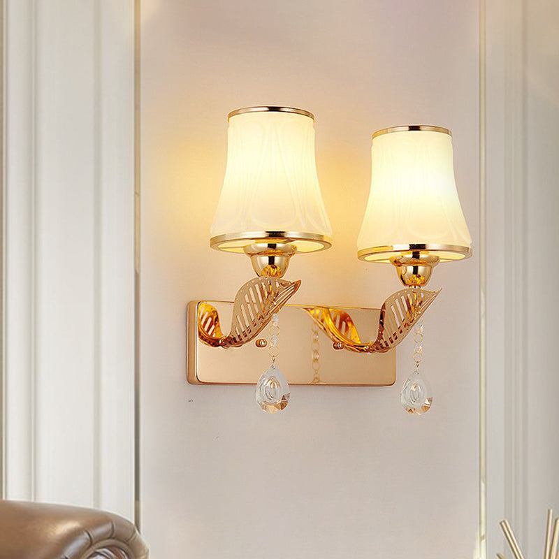 Modernist Opal Glass Bell Wall Light With Crystal Drop - Gold Finish 2-Head Mounted Lighting