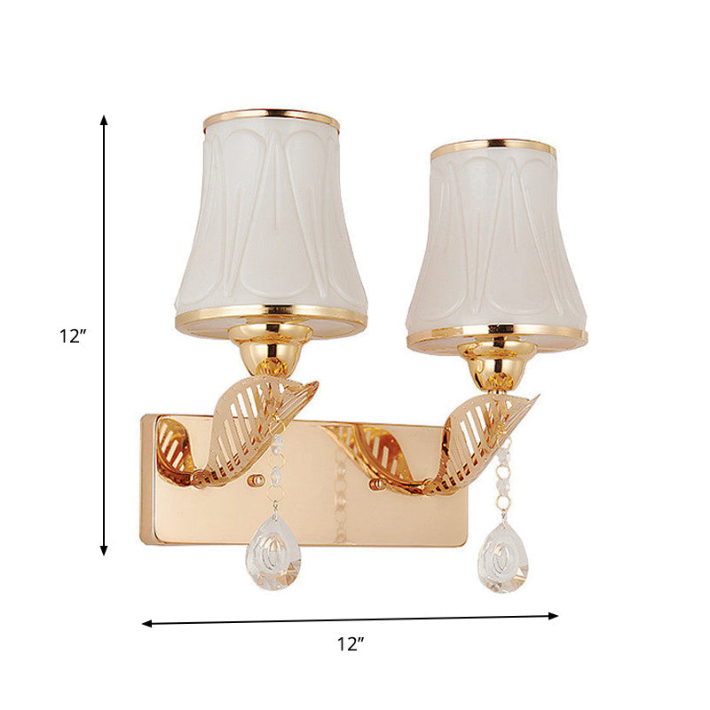 Modernist Opal Glass Bell Wall Light With Crystal Drop - Gold Finish 2-Head Mounted Lighting