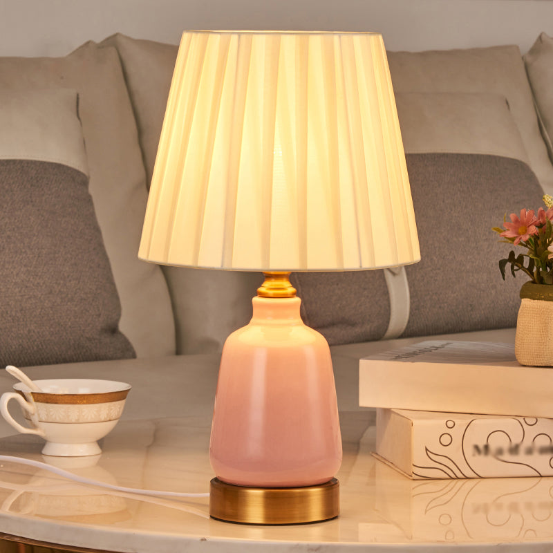 Simple Pink Conical Pleated Fabric Desk Lamp For Bedroom Night Table / B