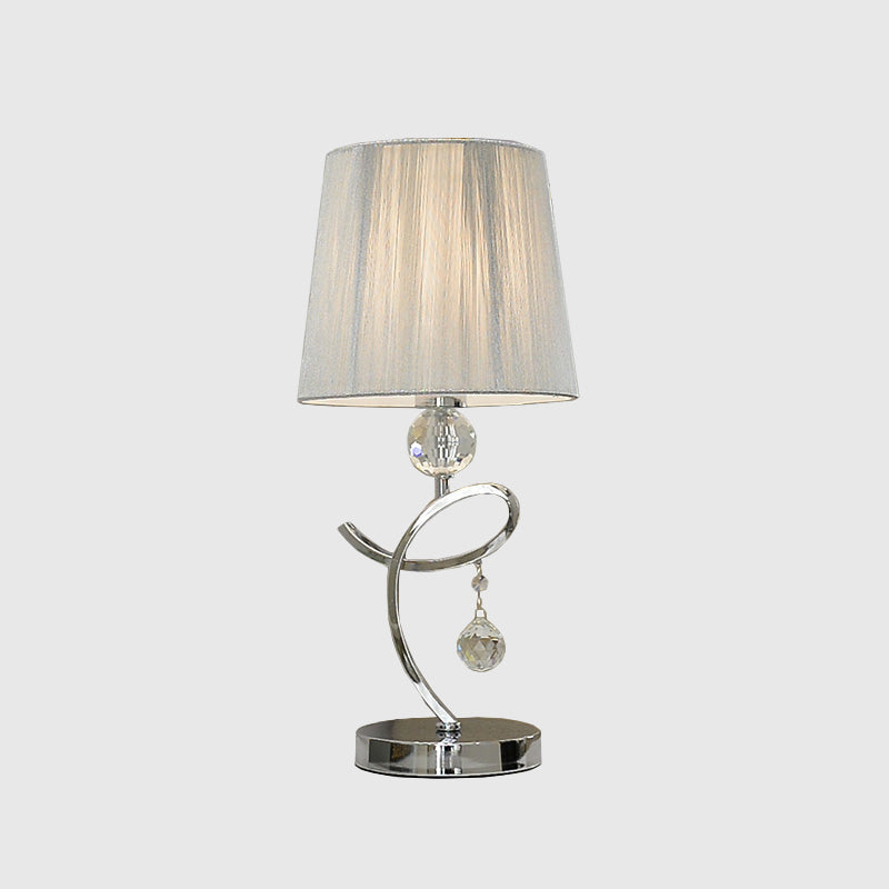 Modern Chrome Led Night Table Lamp With Crystal Droplet - Fabric Barrel Shade Task Lighting