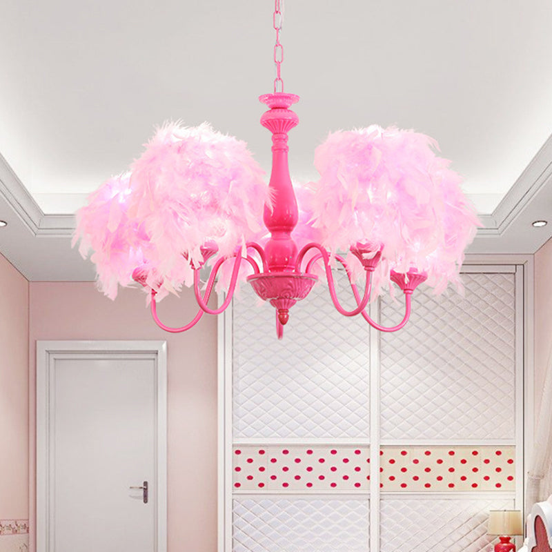 5-Light Pink Curvy Arm Chandelier Lamp With Feather Shade - Kids Metal Suspension Lighting