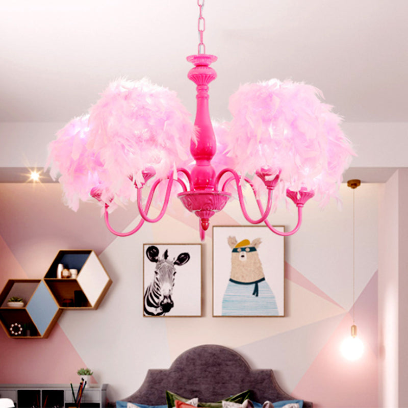 5-Light Pink Curvy Arm Chandelier Lamp With Feather Shade - Kids Metal Suspension Lighting