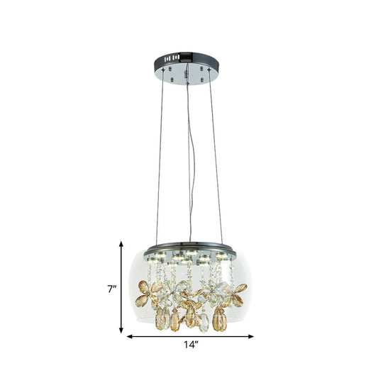 Clear Glass LED Sliver Chandelier: Modernist Bowl Design, 14"/16" Width, Dangling Crystal, Warm/White Light
