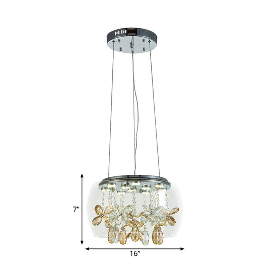 Clear Glass LED Sliver Chandelier: Modernist Bowl Design, 14"/16" Width, Dangling Crystal, Warm/White Light
