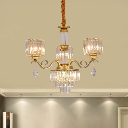 Minimalist Crystal 3-Head Chandelier Lamp in Black/Gold for Restaurants - Clear, 3-Tier Design with Cylinder Shade