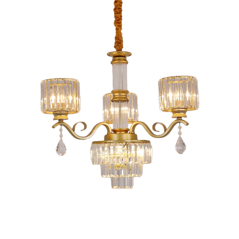 Minimalist Clear Crystal 3-Light Chandelier With Cylinder Shade For Restaurants - Black/Gold