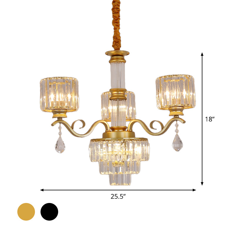 Minimalist Crystal 3-Head Chandelier Lamp in Black/Gold for Restaurants - Clear, 3-Tier Design with Cylinder Shade