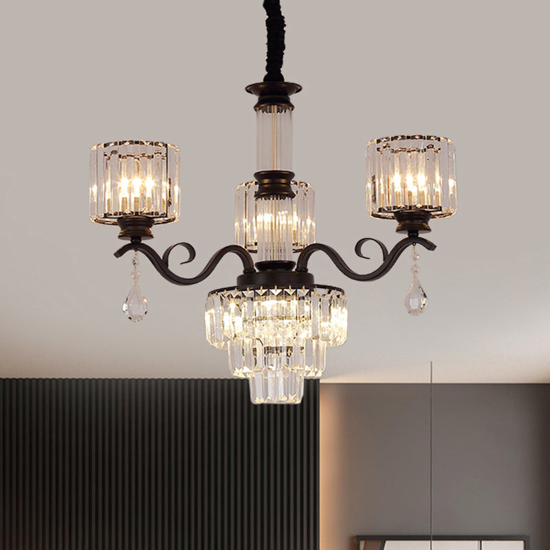 Minimalist Clear Crystal 3-Light Chandelier With Cylinder Shade For Restaurants - Black/Gold