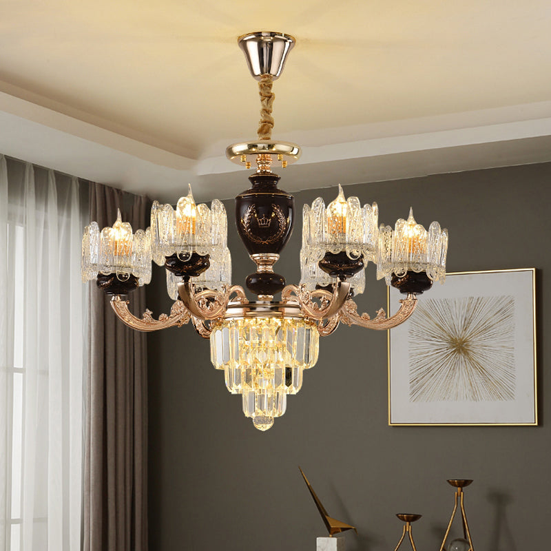 Simplicity 3-Tier Crystal Prisms Chandelier - Elegant 6-Bulb Parlor Suspension Light With Clear