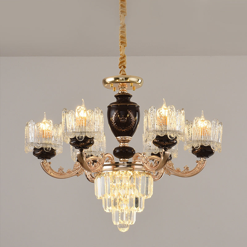 Gold 3-Tier Crystal Chandelier with 6 Bulbs and Clear Glass Shades