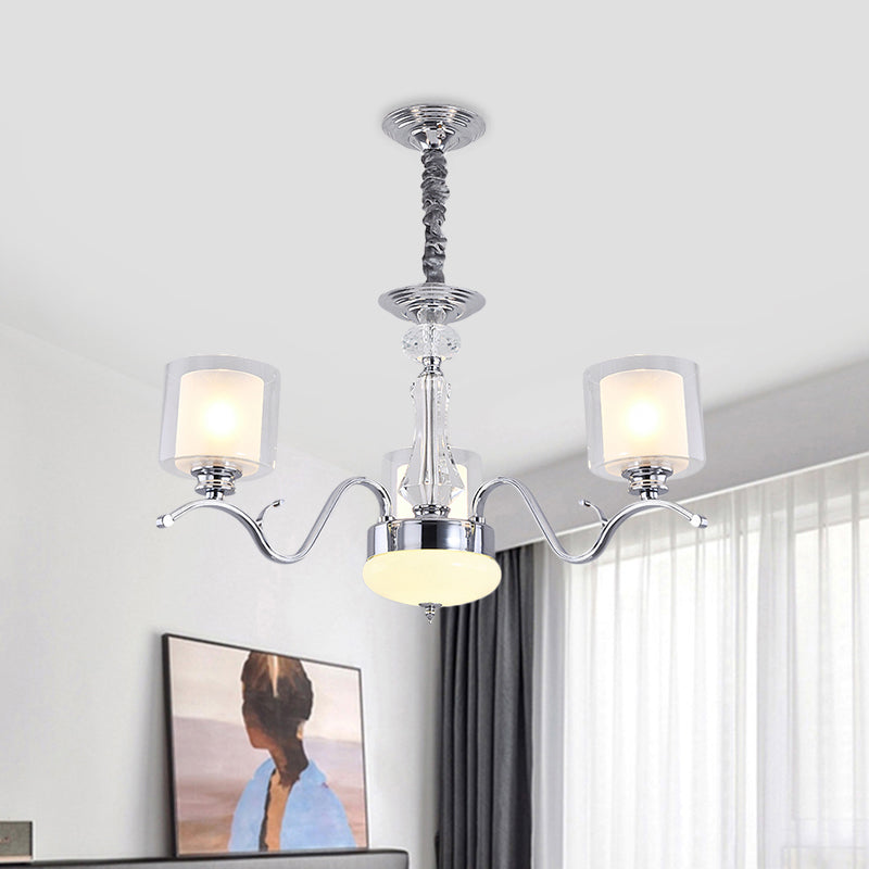 Modern Chrome Dual Cylinder Chandelier With 3 Bulbs Clear And Opal Glass Ceiling Hanging Fixture