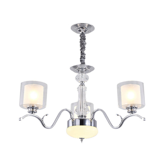 Modern Chrome Dual Cylinder Chandelier with 3 Bulbs, Clear and Opal Glass - Ceiling Hanging Fixture