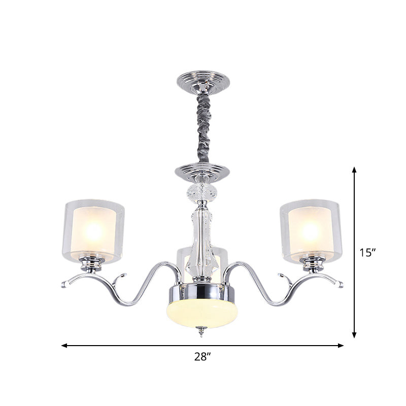 Modern Chrome Dual Cylinder Chandelier with 3 Bulbs, Clear and Opal Glass - Ceiling Hanging Fixture