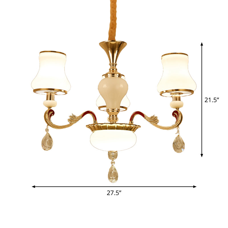 Contemporary Opal Glass Curved Cone Chandelier Light with Crystal Drop Deco - Gold Finish, 3/6 Bulbs