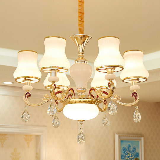 Modern Opal Glass Curved Cone Chandelier With Crystal Deco - 3/6 Bulbs Gold Pendant Drop Light 6 /