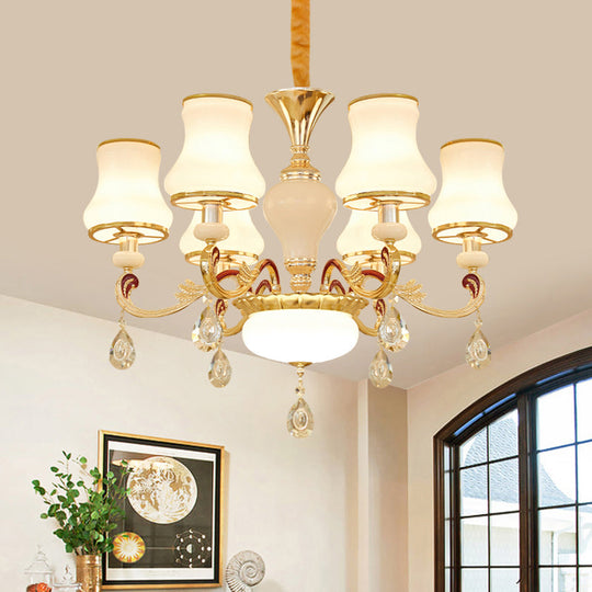 Contemporary Opal Glass Curved Cone Chandelier Light with Crystal Drop Deco - Gold Finish, 3/6 Bulbs
