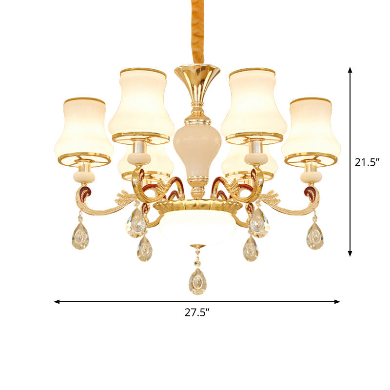 Modern Opal Glass Curved Cone Chandelier With Crystal Deco - 3/6 Bulbs Gold Pendant Drop Light
