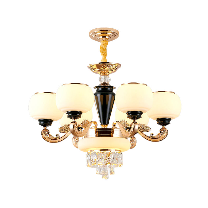 6-Light Opal Glass and Crystal Block Chandelier: Elegant 3-Layer Pendant for Sitting Room Ceiling in Gold