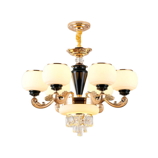 6-Light Opal Glass and Crystal Block Chandelier: Elegant 3-Layer Pendant for Sitting Room Ceiling in Gold