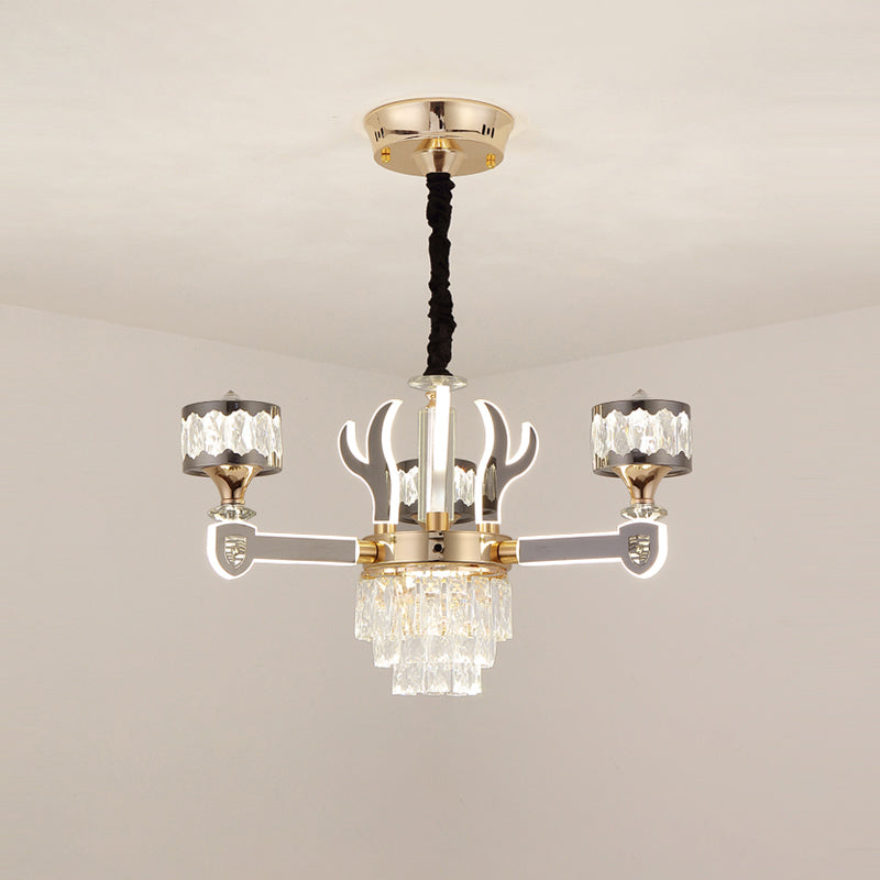Modern Crystal Antler Drum Pendant Chandelier With 3 K9 Heads - Chrome Ceiling Fixture
