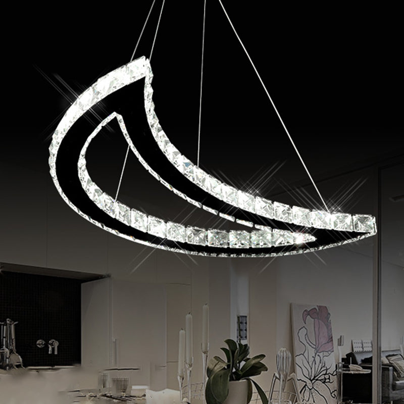 Crystal Block Crescent Ceiling Lamp: Simplicity Stainless-Steel LED Pendant Chandelier in Warm/White Light